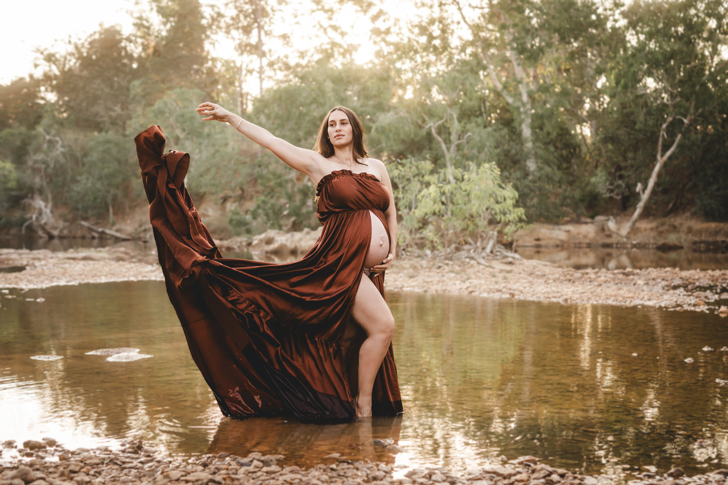 Dress Hire - Maternity Photoshoot Dresses - Brown Satin Dress - 4 DAY RENTAL