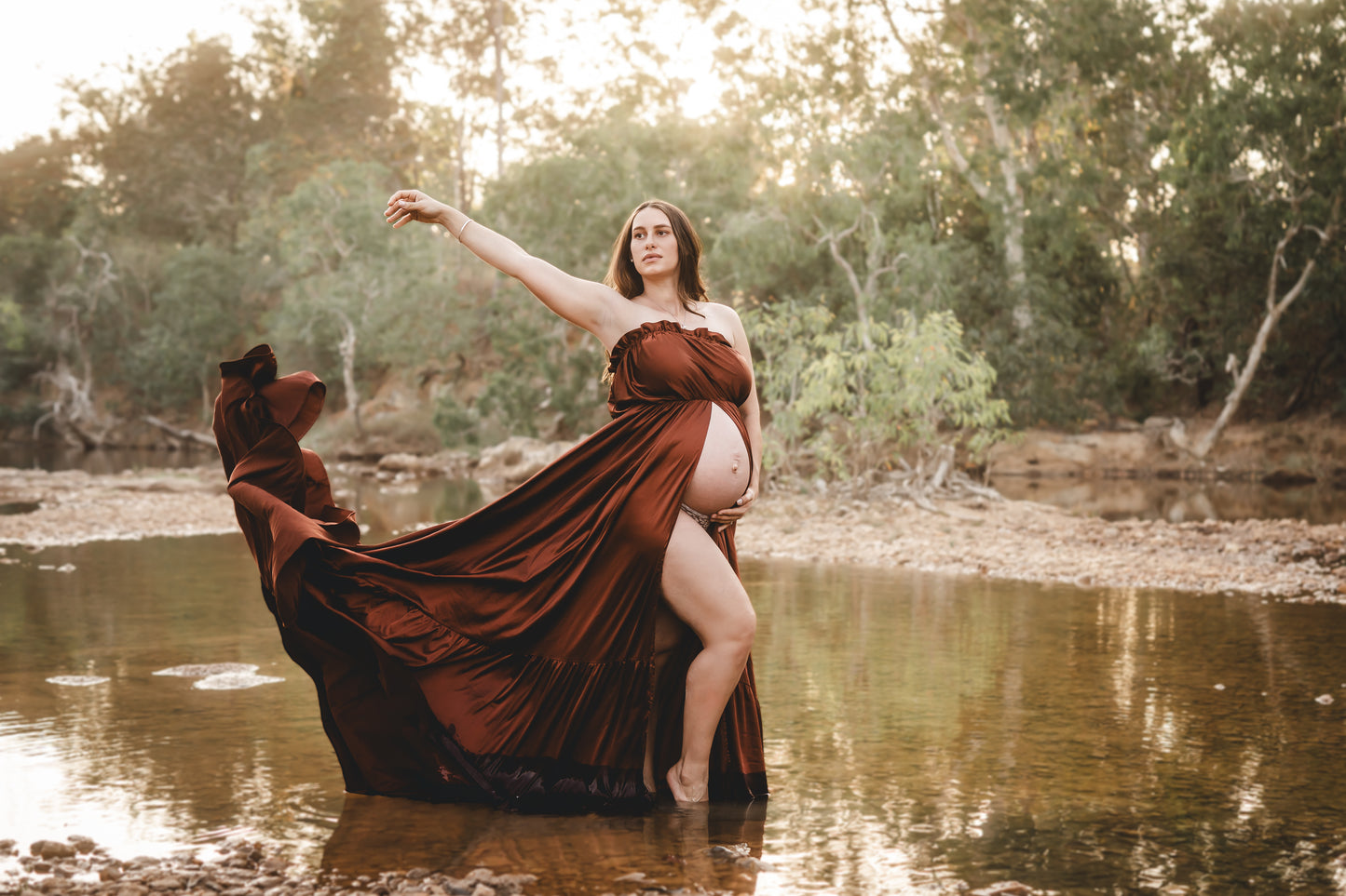Dress Hire - Maternity Photoshoot Dresses - Brown Satin Dress - 4 DAY RENTAL