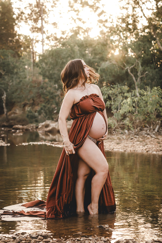 Dress Hire - Maternity Photoshoot Dresses - Brown Satin Dress - 4 DAY RENTAL