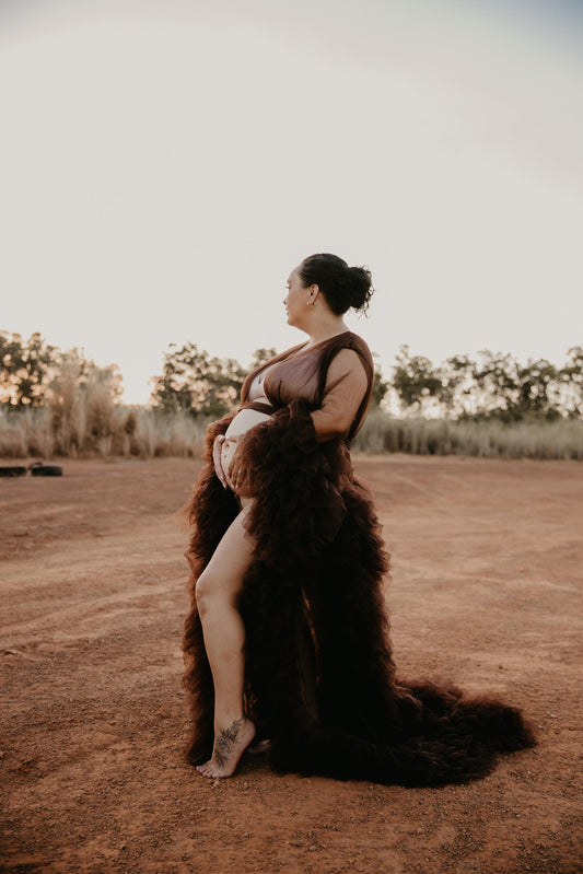 Dress Hire - Maternity Photoshoot Dresses - Sophie - Dark Brown Tulle Robe - RENTAL