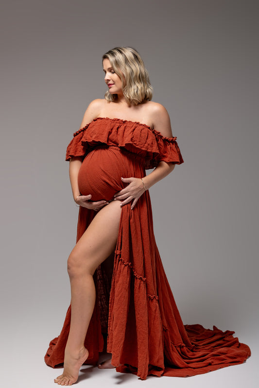 Maternity Photoshoot Dresses - Rustic Red Off Shoulder Gown