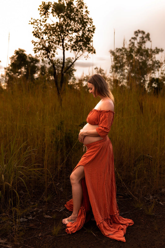 Maternity Photoshoot Dresses - Rusted Red - D&J - Alice Gown 2 Piece Set - 4 DAY RENTAL