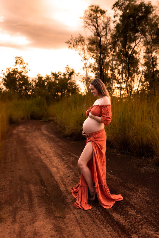 Maternity Photoshoot Dresses - Rusted Red - D&J - Alice Gown 2 Piece Set - 4 DAY RENTAL