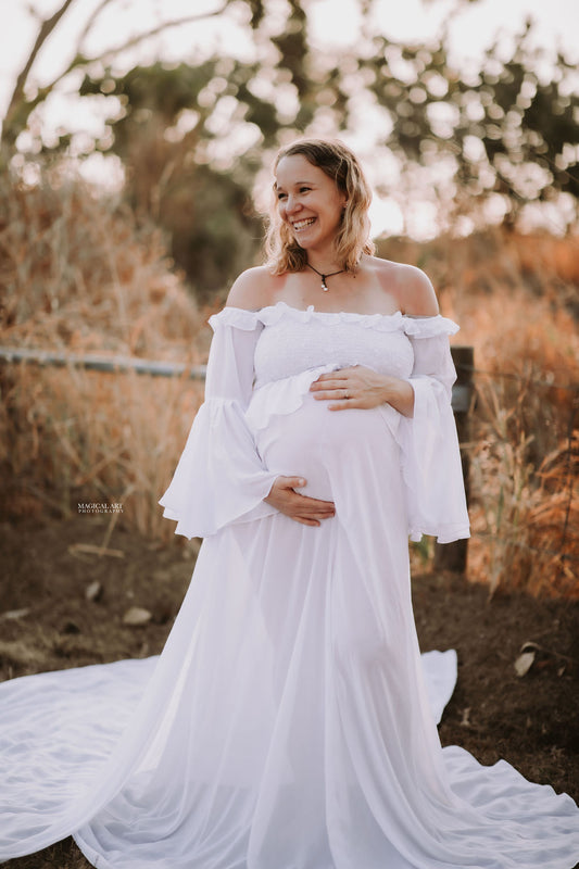 Maternity Photoshoot Dresses Hire - Prim - White Gown - 4 DAY RENTAL