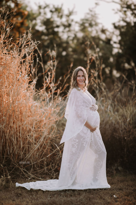 Maternity Photoshoot Dresses - White Lace Vneck Gown - D&J Newborn and Maternity Props