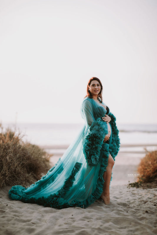 Teal Tulle Robe - Maternity photoshoot at the beach Australia