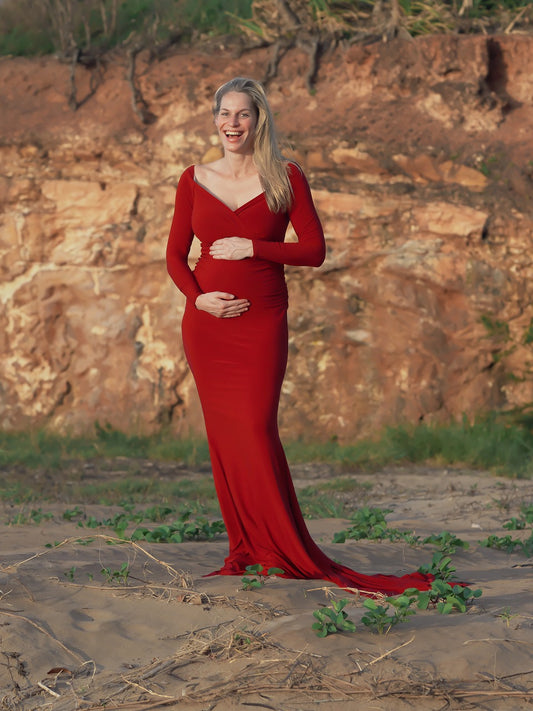 Maternity Photoshoot Dresses - Red Long Sleeve Gown