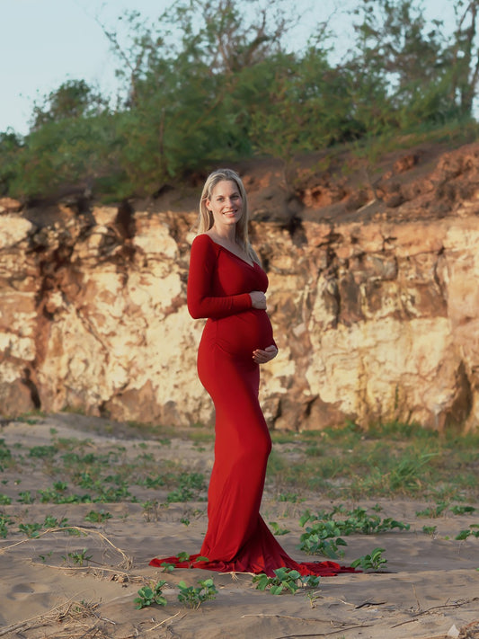 Maternity Photoshoot Dresses - Red Long Sleeve Gown