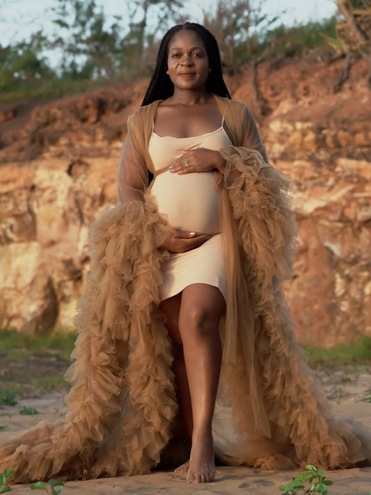 Tulle Robe Hire - Maternity Photoshoot Dresses - Sophie - Light Brown Tulle Robe - RENTAL