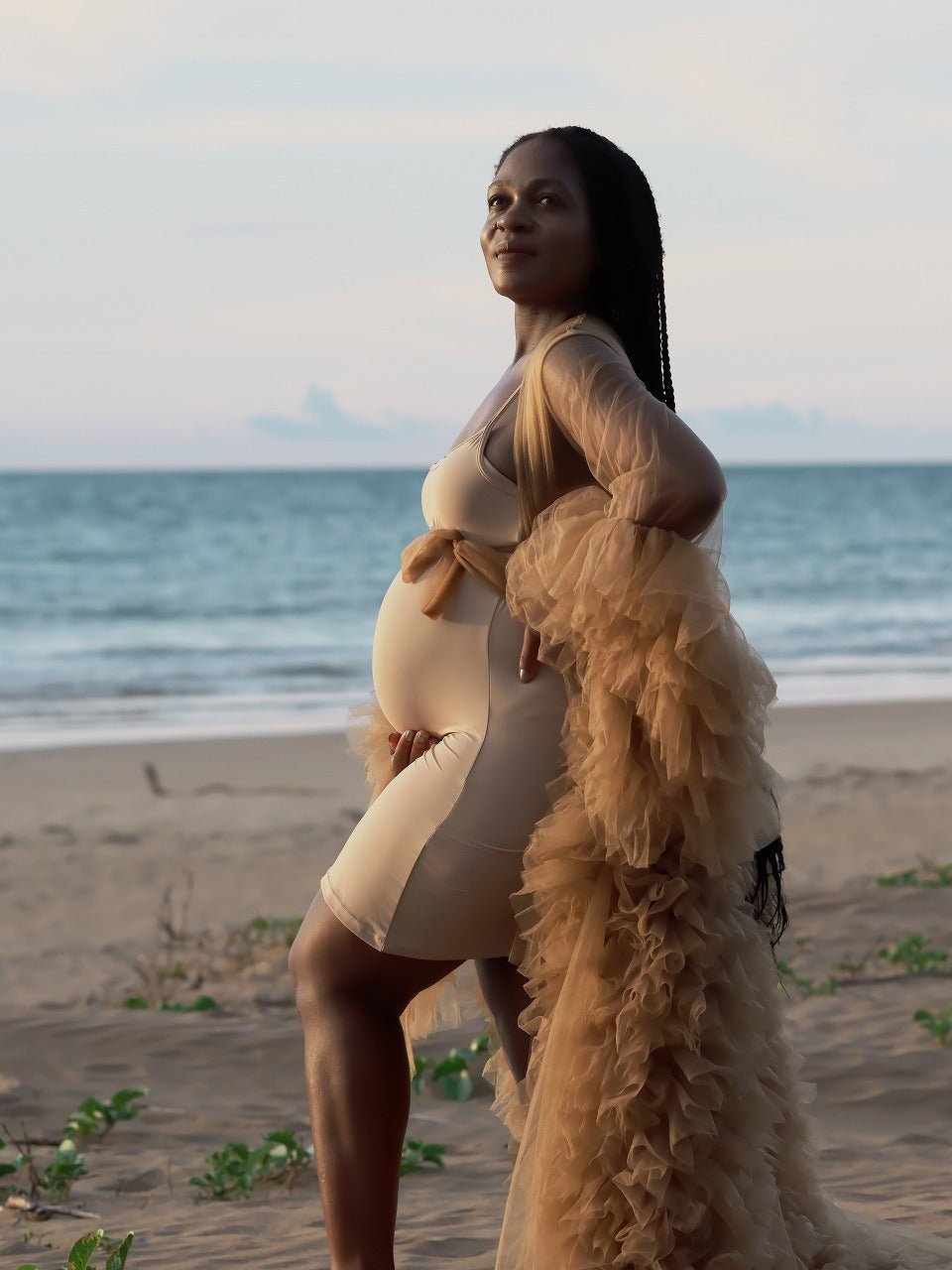 Tulle Robe Hire - Maternity Photoshoot Dresses - Sophie - Light Brown Tulle Robe - RENTAL