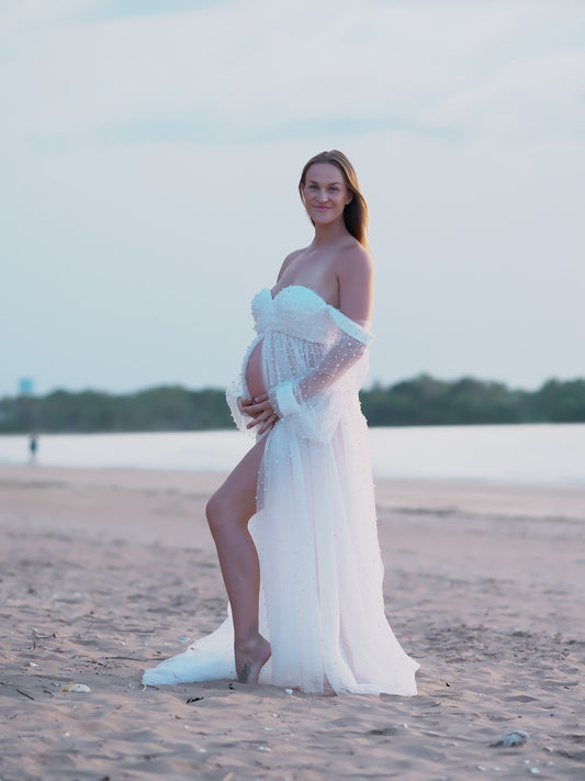 Maternity Photoshoot Dresses - Pearl Tulle Long Sleaves - White - RENTAL