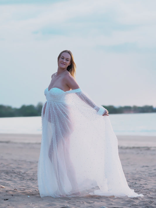 Maternity Photoshoot Dresses - Pearl Tulle Long Sleaves - White - RENTAL