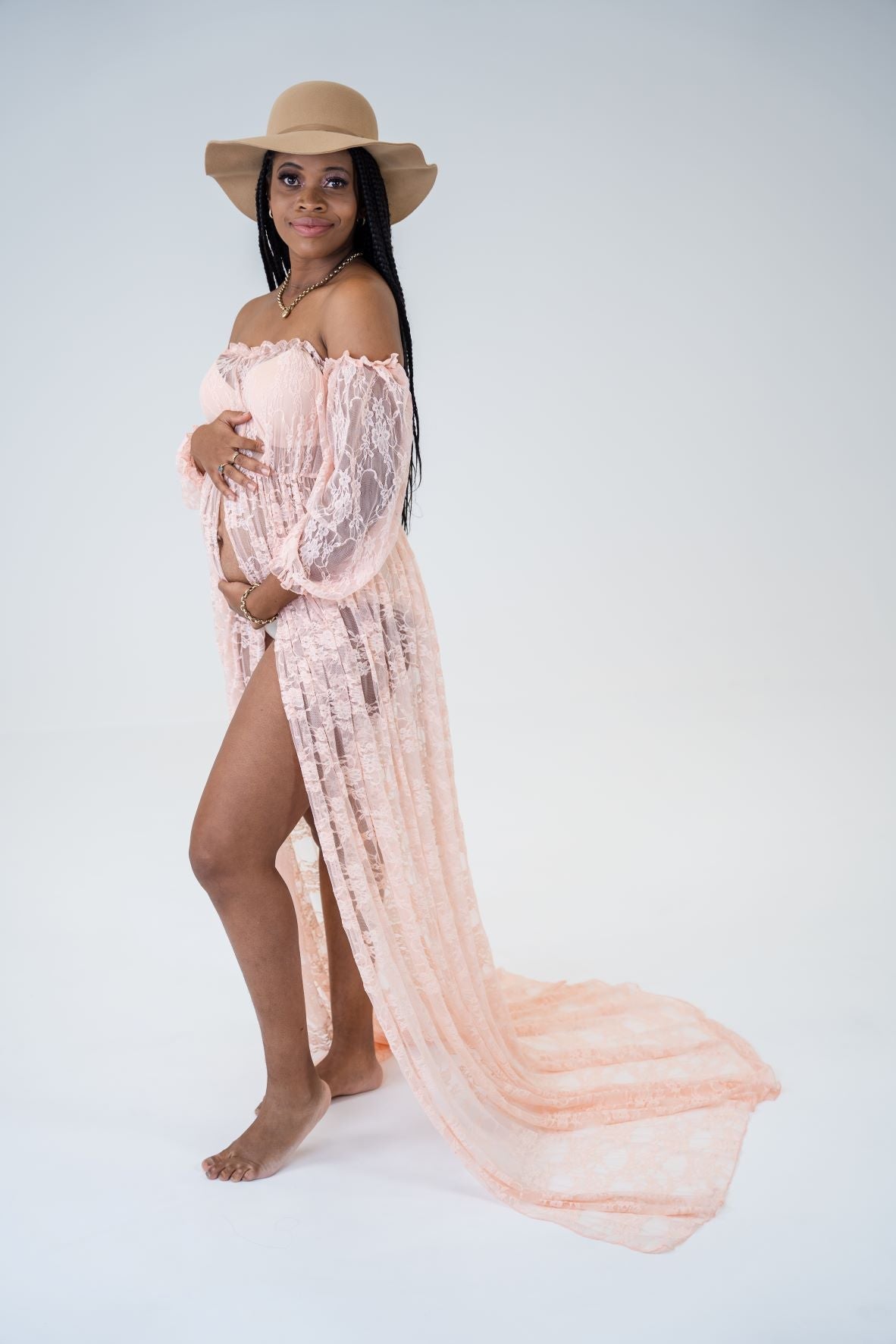 Dress Hire - Maternity Photoshoot Dresses - Bella - Pink Lace Gown - 4 DAY RENTAL - Luxe Bumps AU