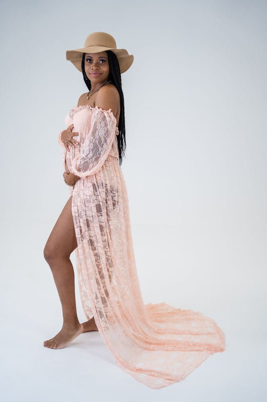 Dress Hire - Maternity Photoshoot Dresses - Bella - Pink Lace Gown - 4 DAY RENTAL - Luxe Bumps AU