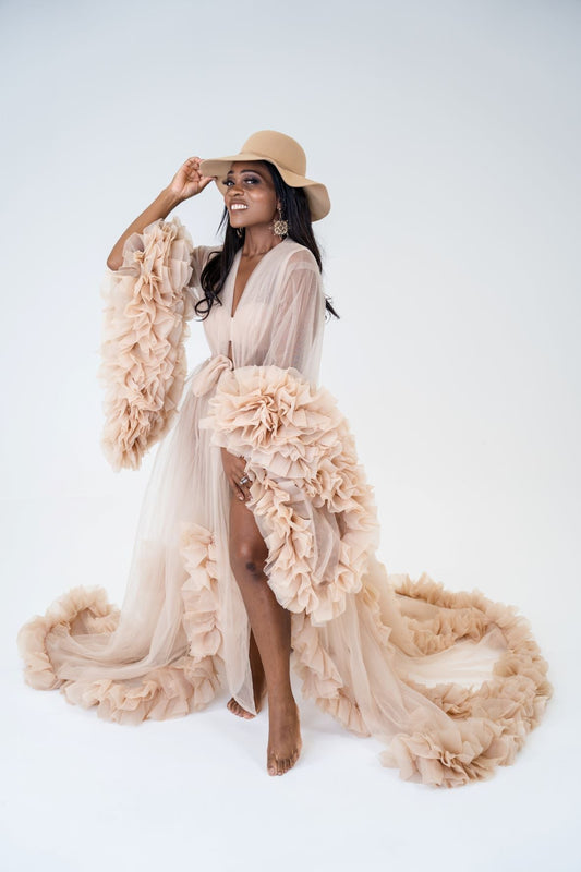 Dress Hire - Maternity Photoshoot Dresses - Lola - Beige Tulle Robe - 4 DAY RENTAL - Luxe Bumps AU