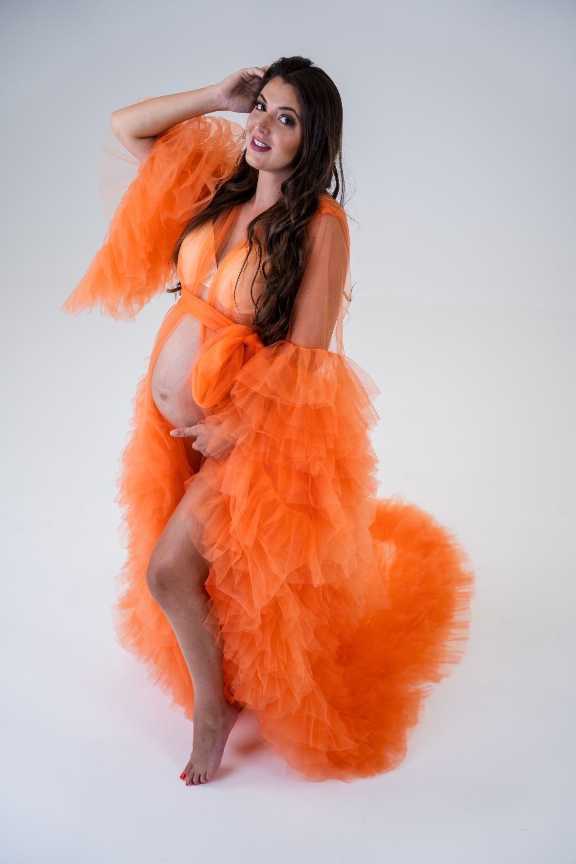 Dress Hire - Maternity Photoshoot Dresses - Sophie - Orange Tulle Robe - 4 DAY RENTAL - Luxe Bumps AU