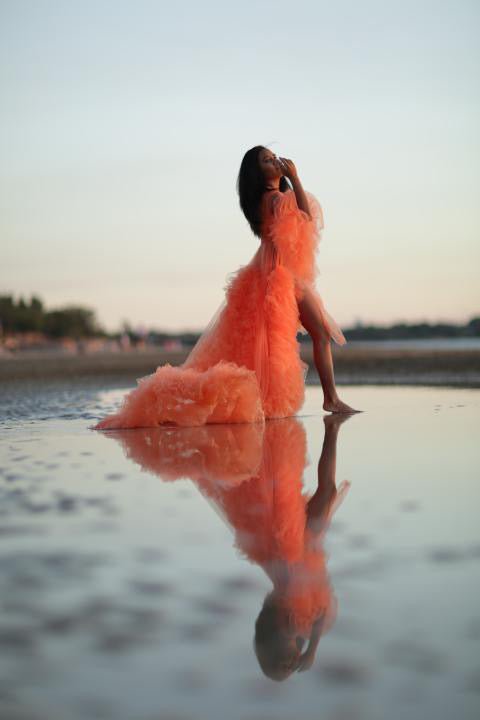 Dress Hire - Maternity Photoshoot Dresses - Sophie - Orange Tulle Robe - 4 DAY RENTAL - Luxe Bumps AU