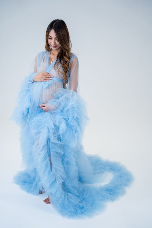 Dress Hire - Maternity Photoshoot Dresses - Sophie - Sky Blue Tulle Robe - 4 DAY RENTAL - Luxe Bumps AU
