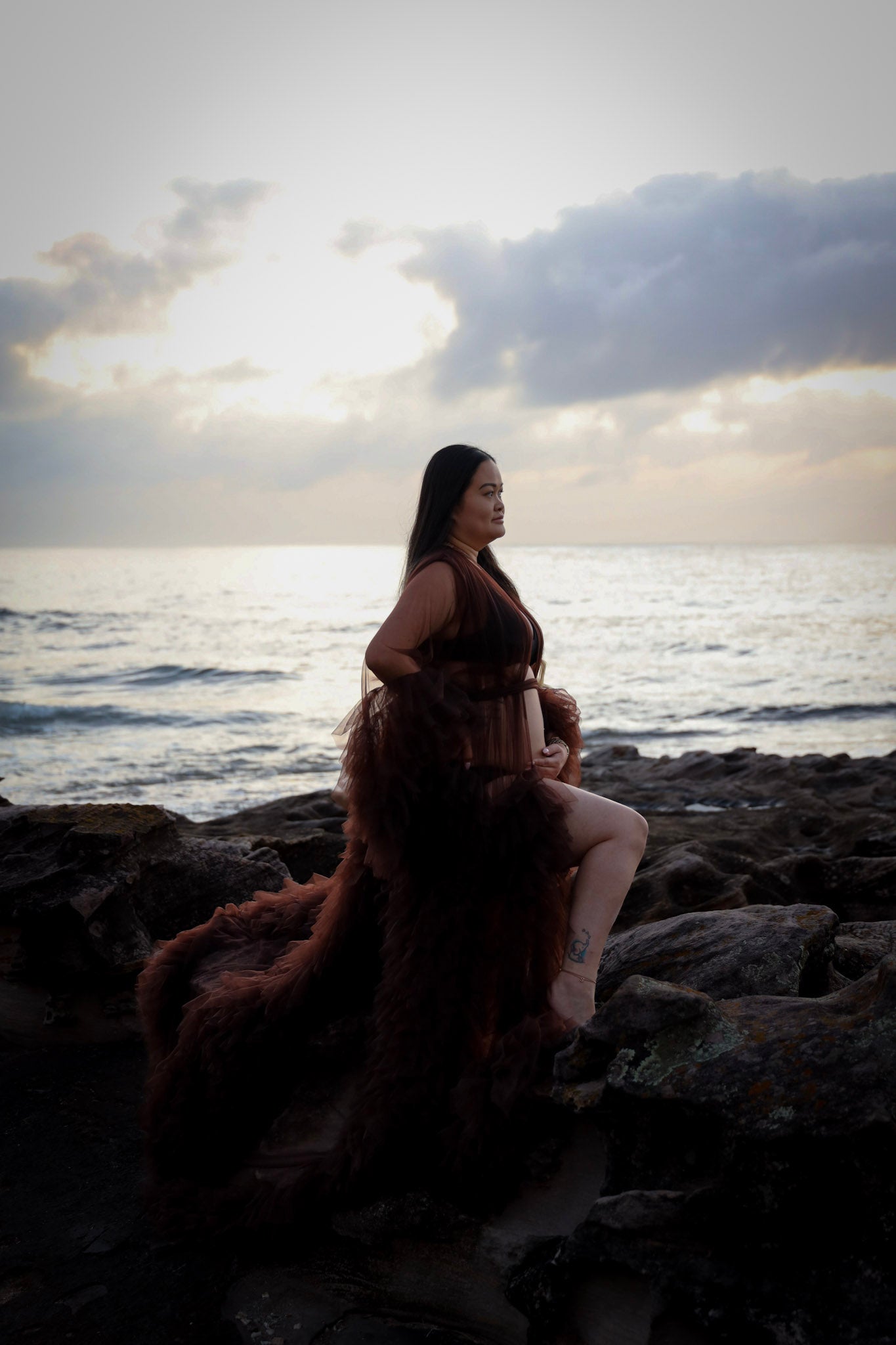 Dress Hire - Maternity Photoshoot Dresses - Sophie - Dark Brown Tulle Robe - RENTAL