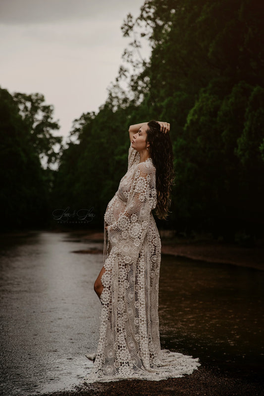 Beige Crotchet Robe - Maternity Photoshoot Dresses Darwin