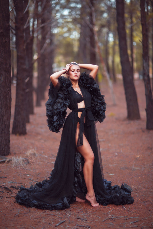 Maternity Photoshoot Dresses - Black Tulle Robe - Lola