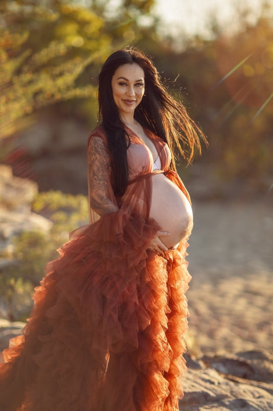 Maternity Photoshoot Dresses - Brown Tulle Robe - Sophie