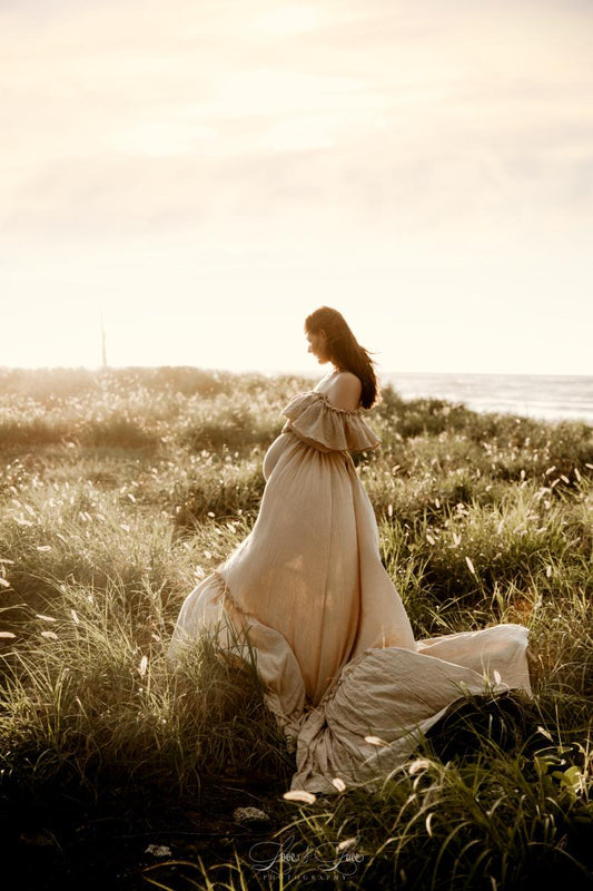 Maternity Photoshoot Dresses - Beige Off Shoulder Gown
