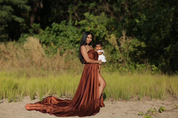 Extra long train brown satin dress for photoshoot