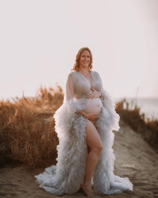 Maternity Photoshoot Dresses - Gray Tulle Robe - Sophie