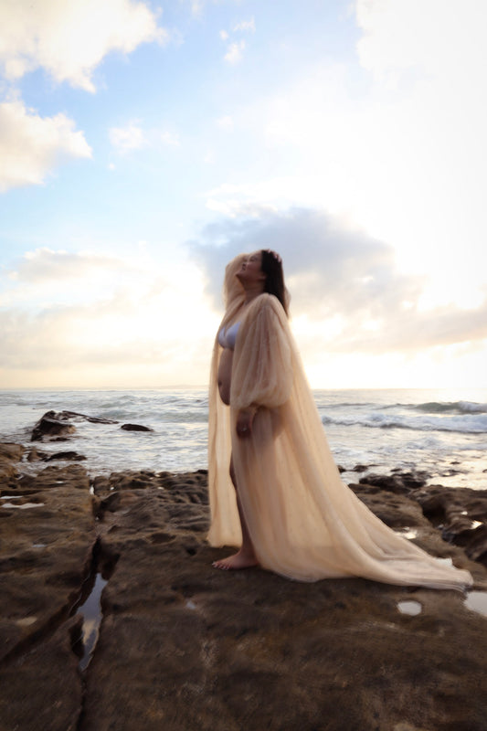 Dress Hire - Maternity Photoshoot Dresses - Romance - Champagne Tulle Robe - RENTAL