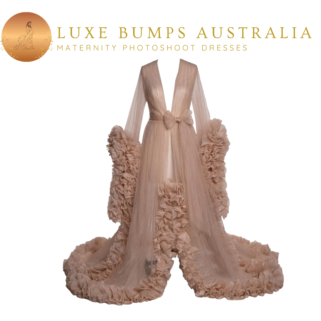 Maternity Photoshoot Dresses - Beige Tulle Robe - Lola - Luxe Bumps AU