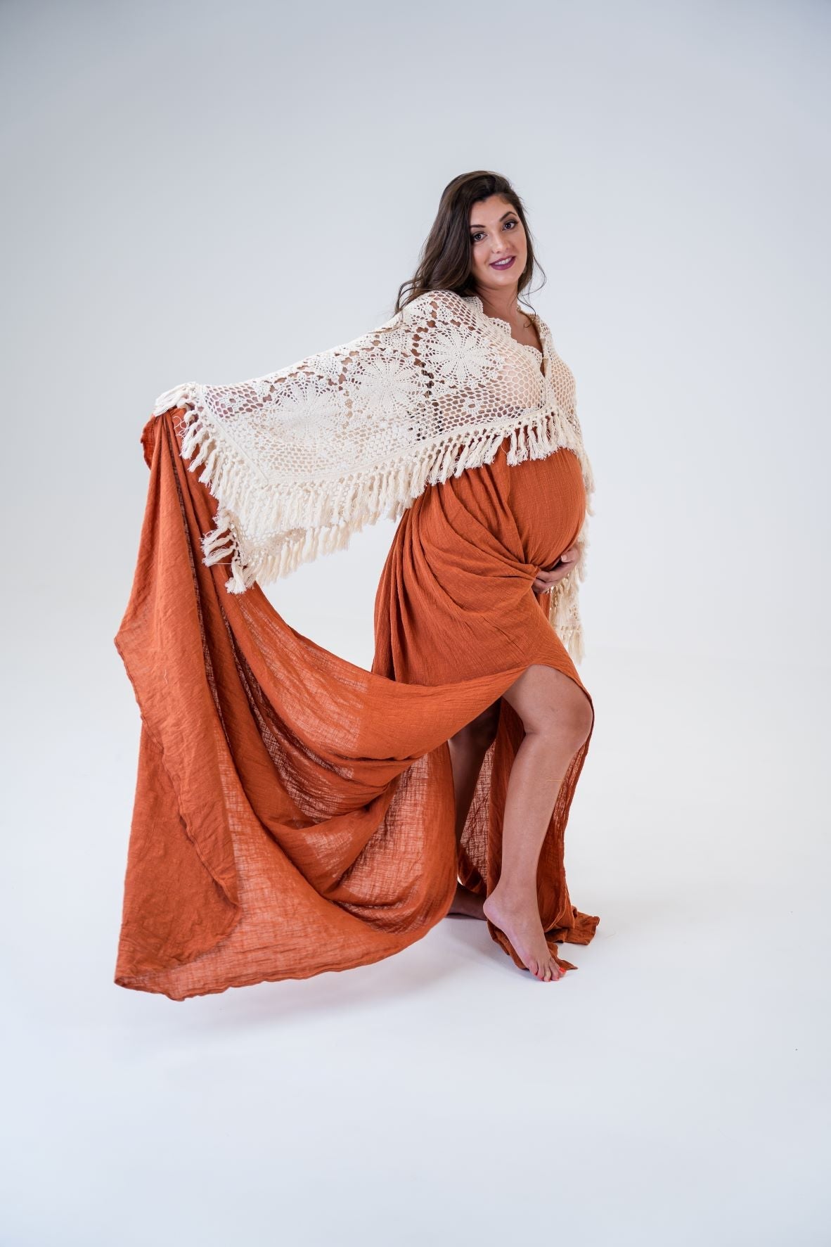 Maternity Photoshoot Dresses - Burnt Orange - D&J - Boho Gown - 4 DAY RENTAL - Luxe Bumps AU