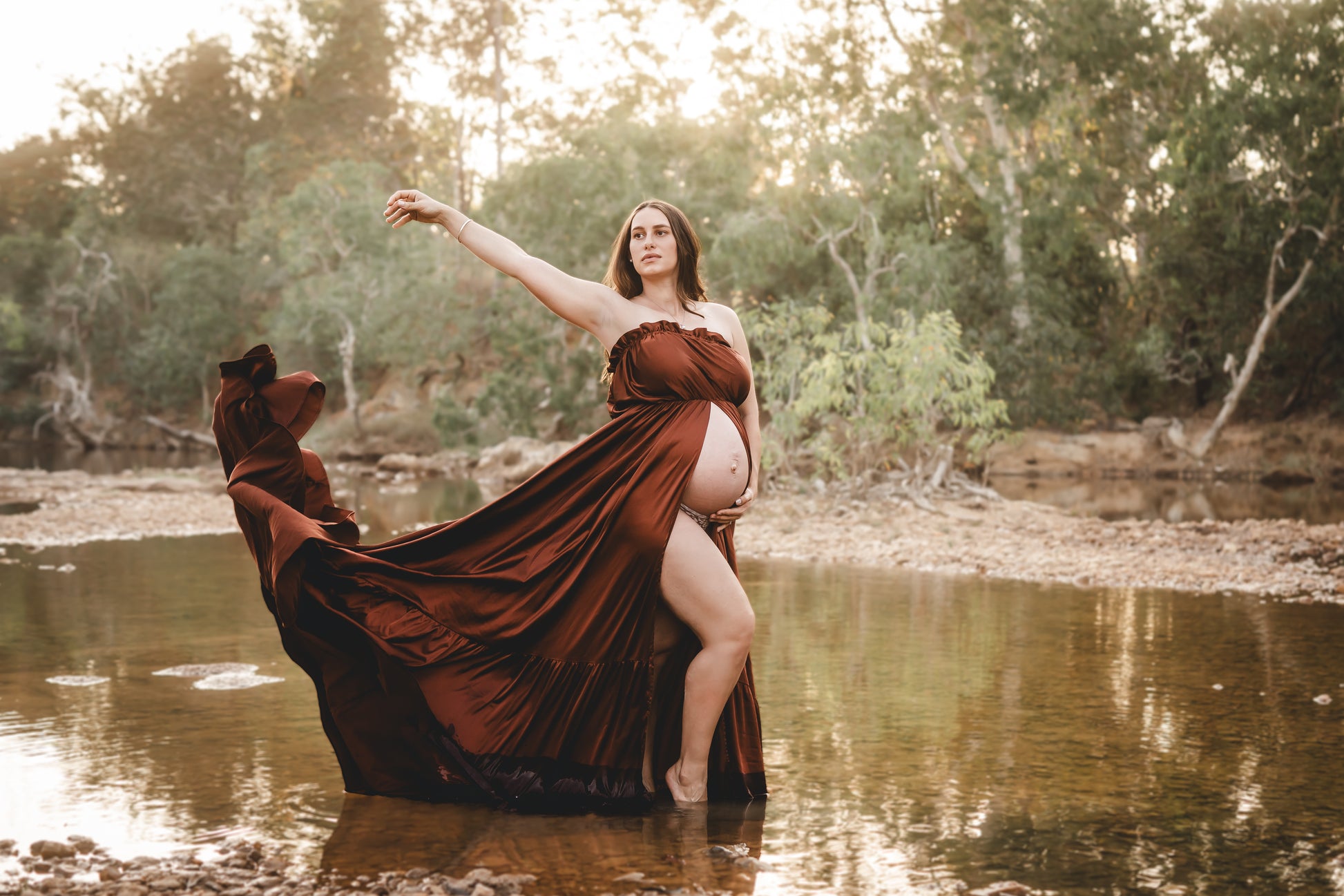 Maternity Photoshoot Dress Hire Australia - Brown Satin Dress Luxe Bumps AU Maternity Photoshoot Dress Hire Australia - Brown Satin Dress Luxe Bumps AU