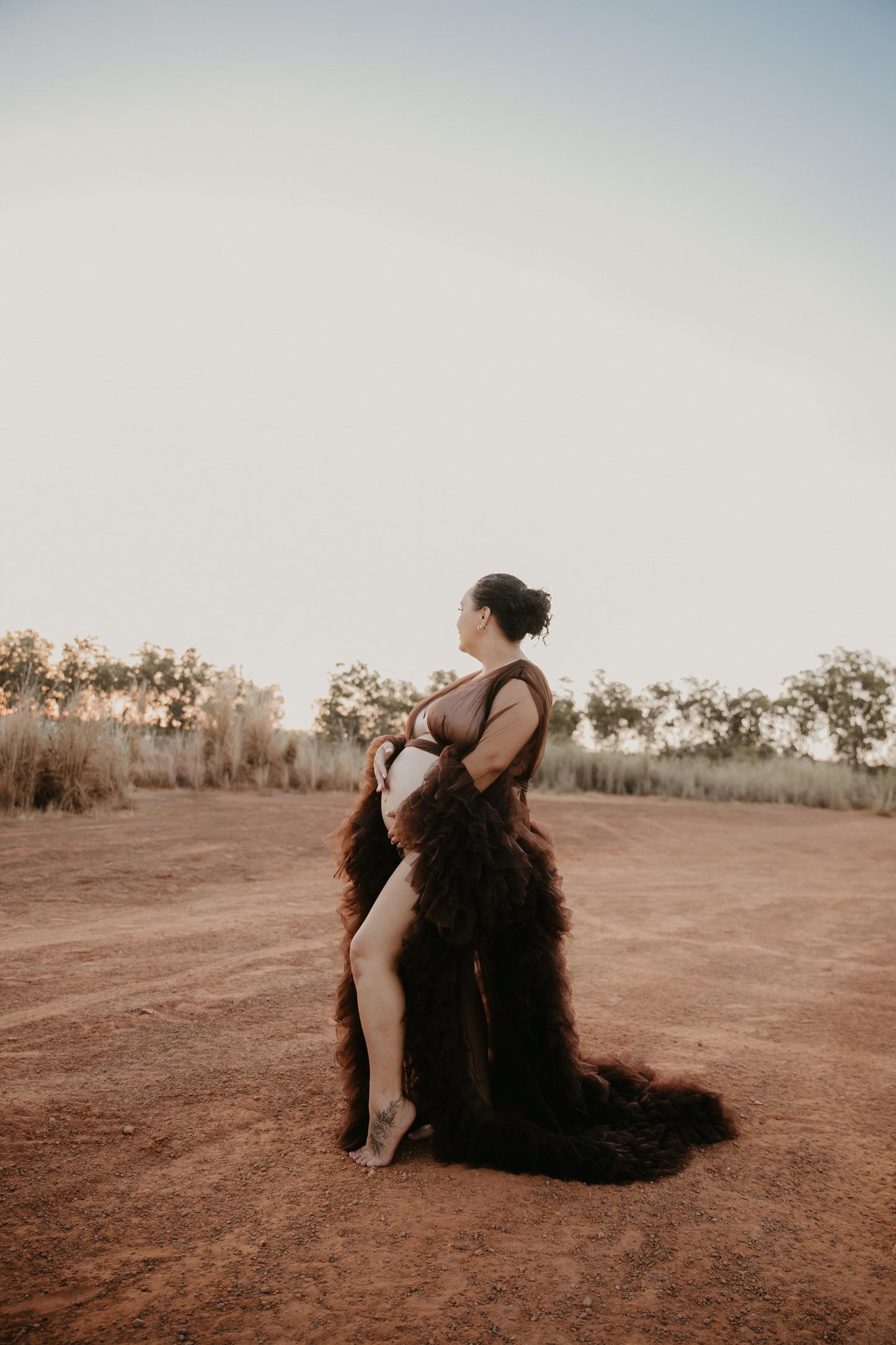 Dress Hire - Maternity Photoshoot Dresses - Sophie - Dark Brown Tulle Robe - RENTAL