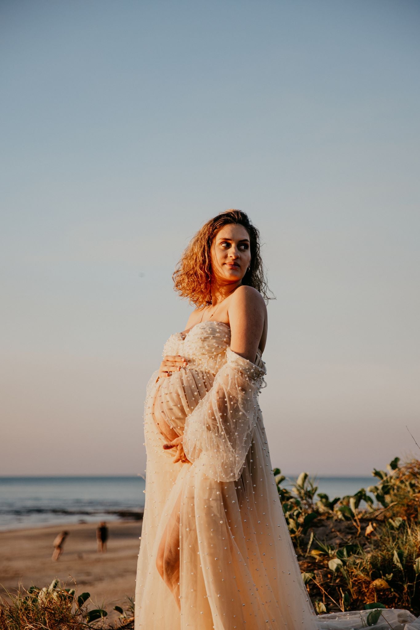 Maternity Photoshoot Dresses - Pearl Tulle Long Sleaves - Champagne - RENTAL