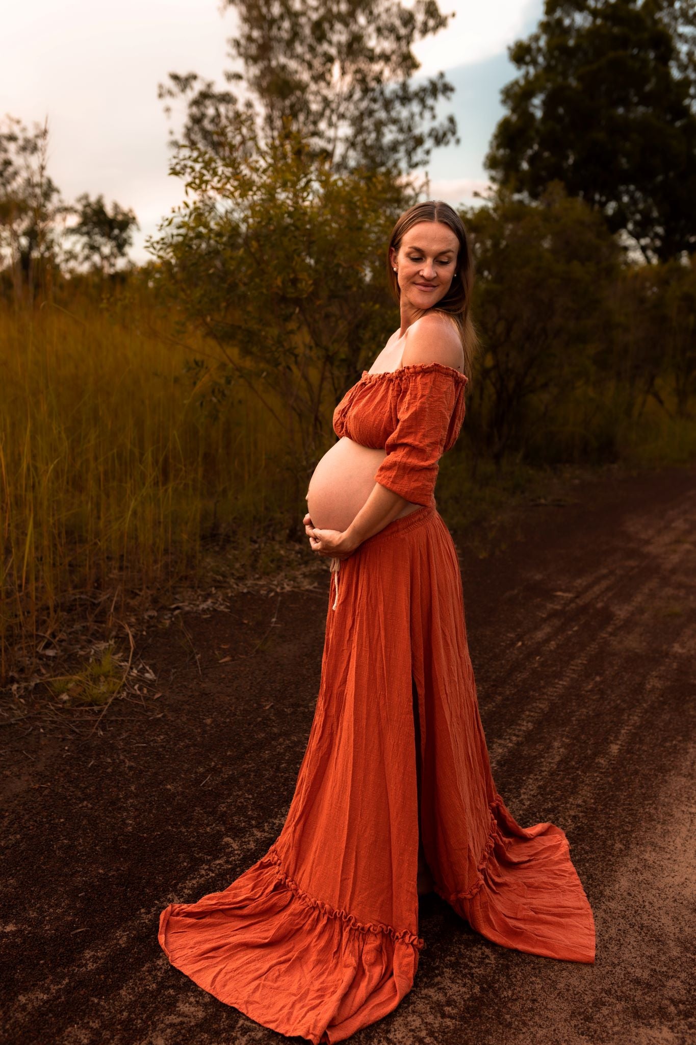 Maternity Photoshoot Dresses - Rusted Red - D&J - Alice Gown 2 Piece Set - 4 DAY RENTAL