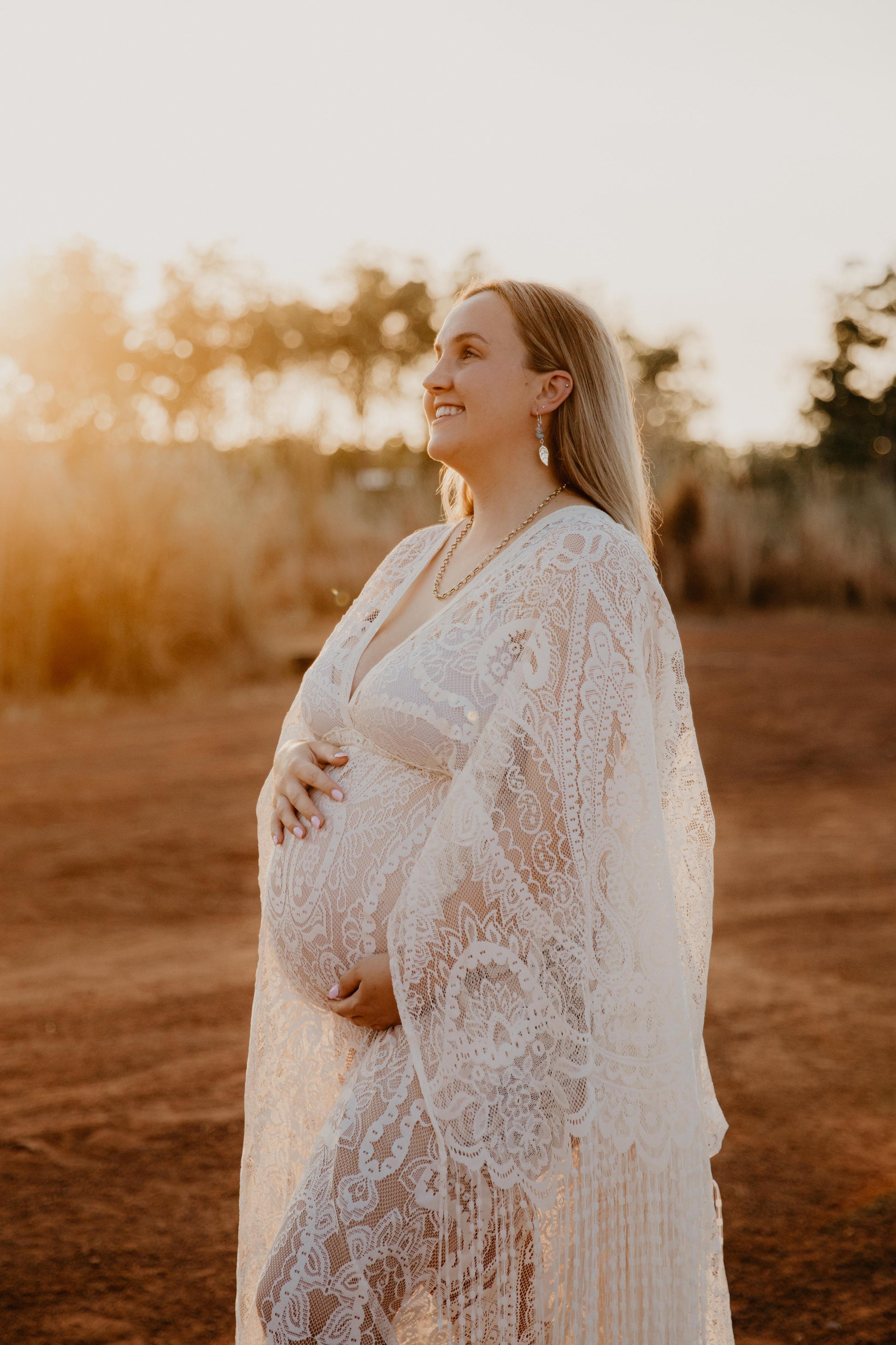 maternity photoshoot white lace dress Floral Boho Lace
