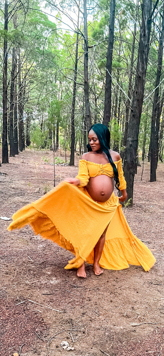 Maternity Photoshoot Dresses - Ginger Yellow - D&J - Alice Gown 2 Piece Set - 4 DAY RENTAL