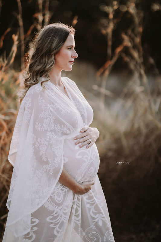 Maternity Photoshoot Dresses - White Lace Vneck Gown - D&J - 4 DAY RENTAL