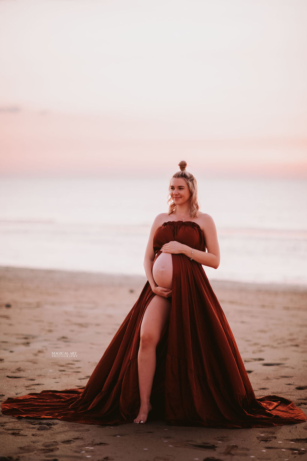 Maternity photoshoot dress, brown satin long dress available for hire Australia.