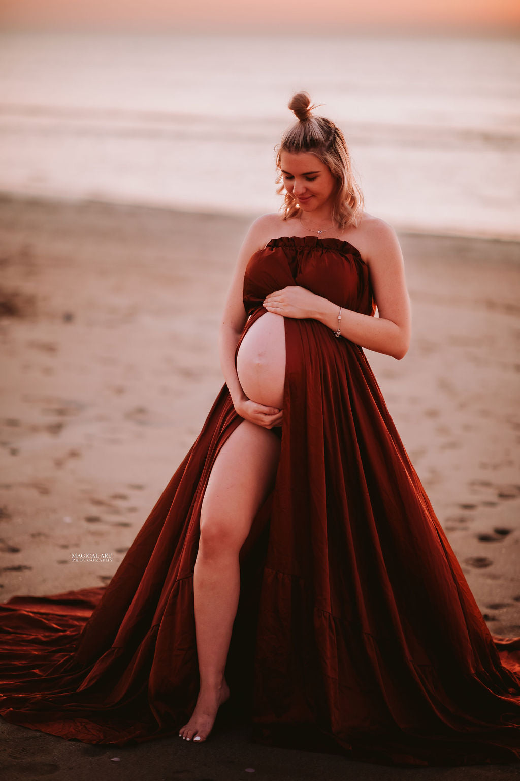 Maternity Photoshoot Dress Hire Australia Brown Satin Dress