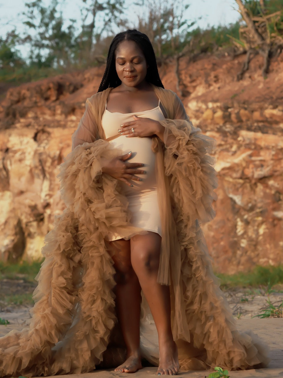 Tulle Robe Hire - Maternity Photoshoot Dresses - Sophie - Light Brown Tulle Robe - RENTAL