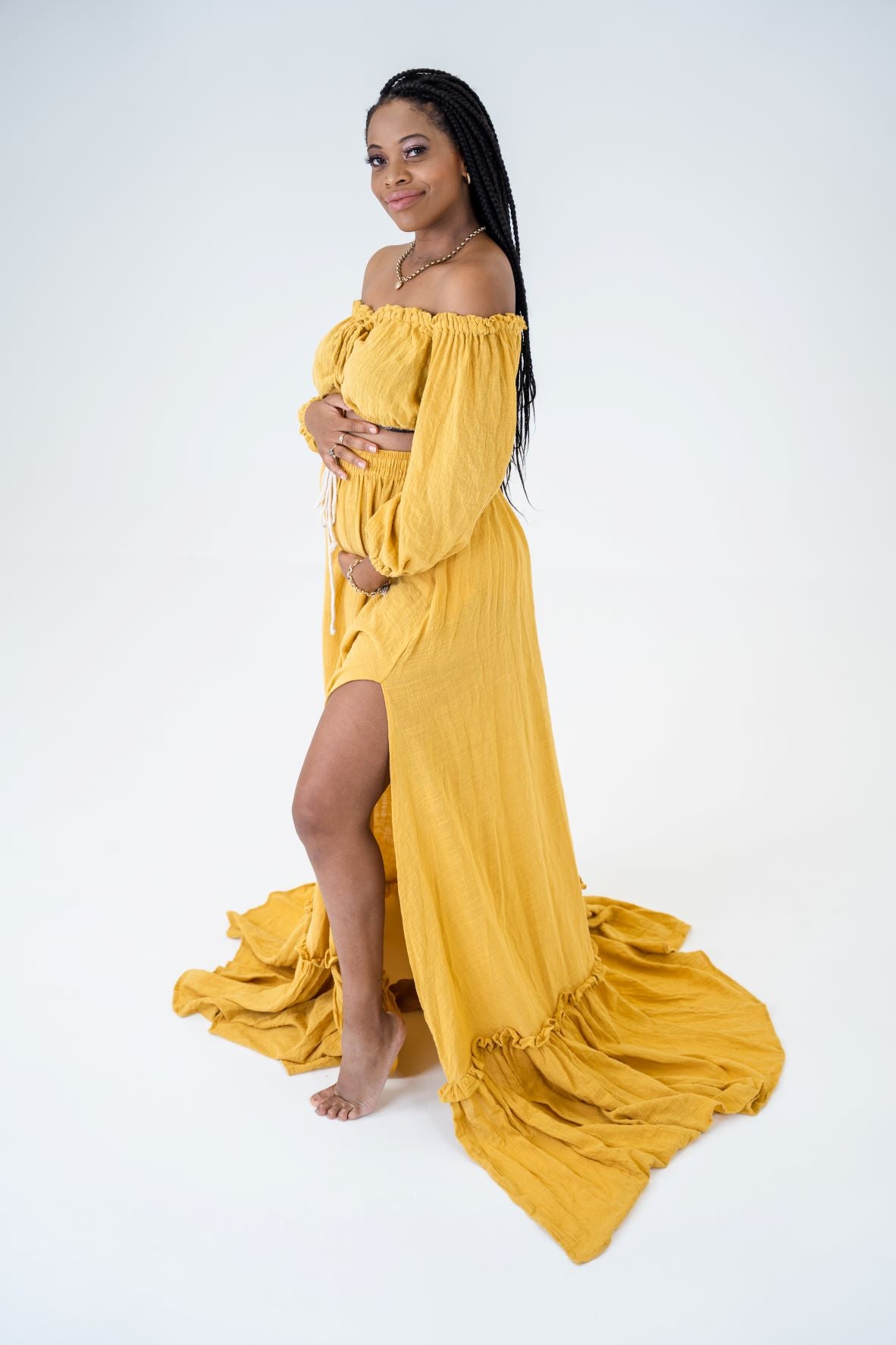 Off the shoulder hot sale yellow maternity dress