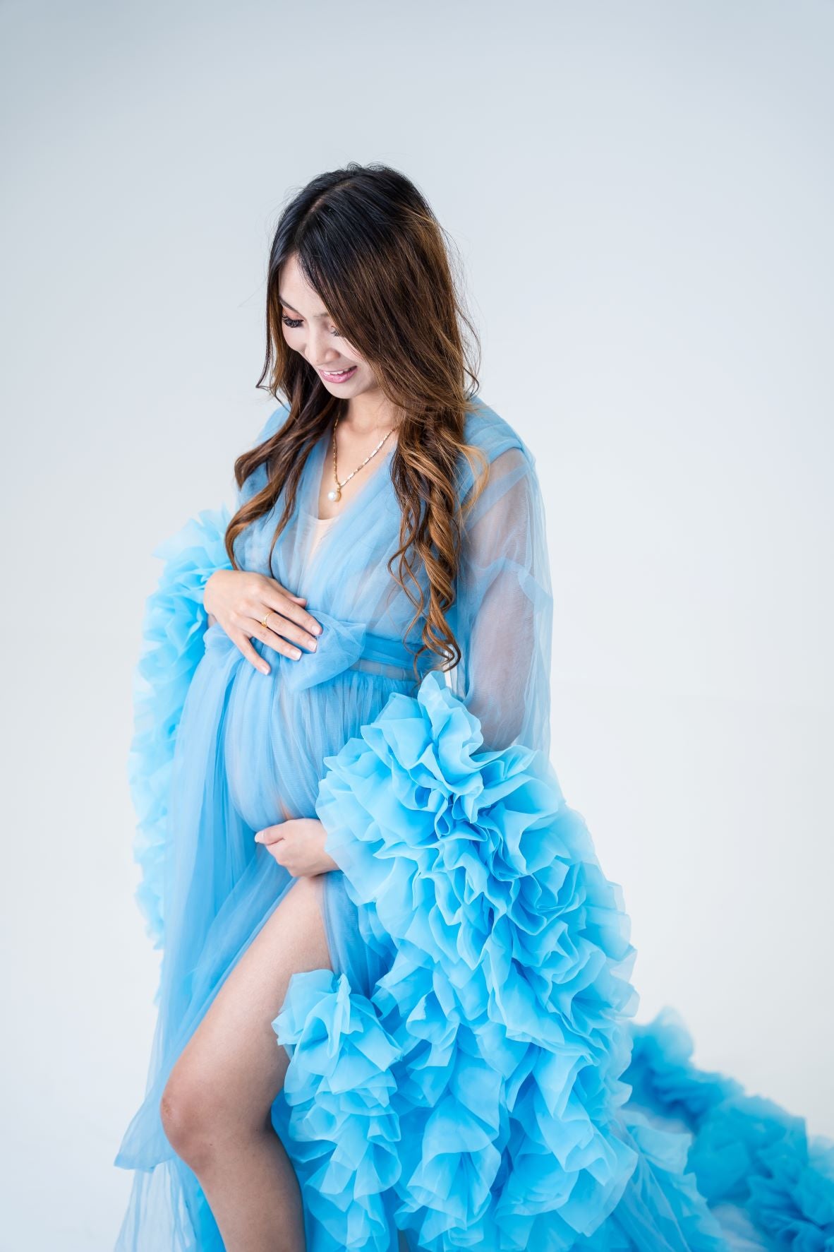 blue tulle robe - maternity baby shower dresses 