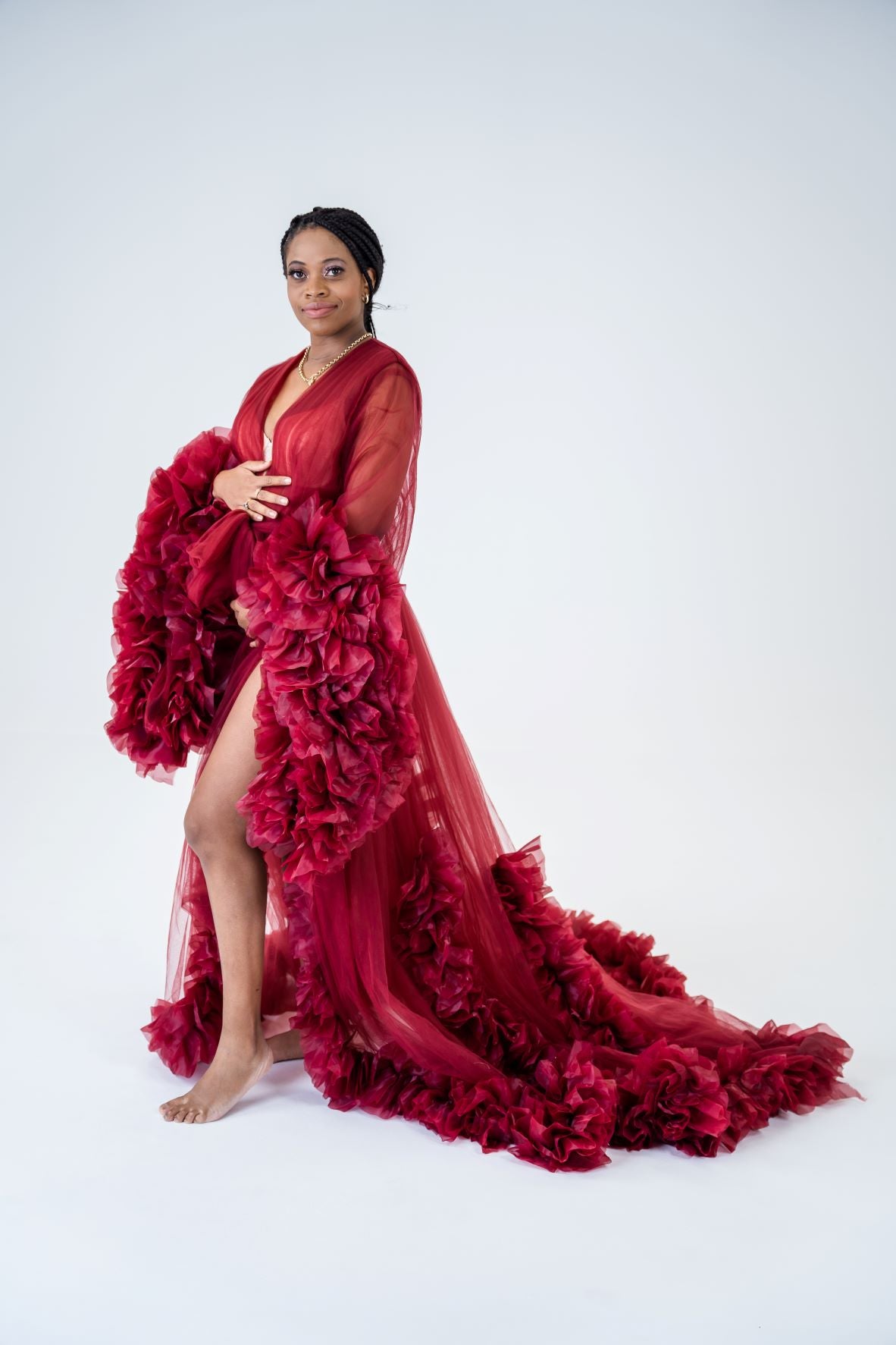 Red Tulle Robe Maternity Photoshoot