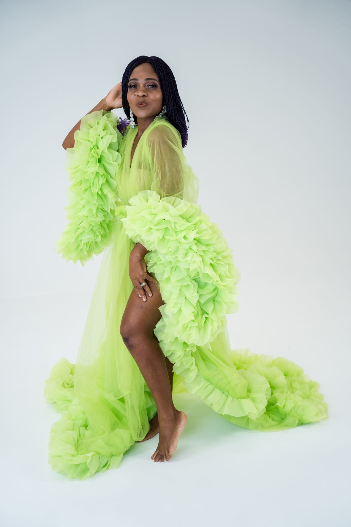 Maternity Dress For Photoshoot - Lime Green Tulle Robe