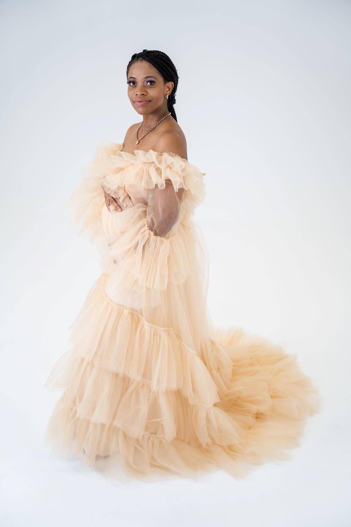 Dress Hire - Maternity Photoshoot Dresses - Ayanteh - Champagne Tulle Robe - 4 DAY RENTAL