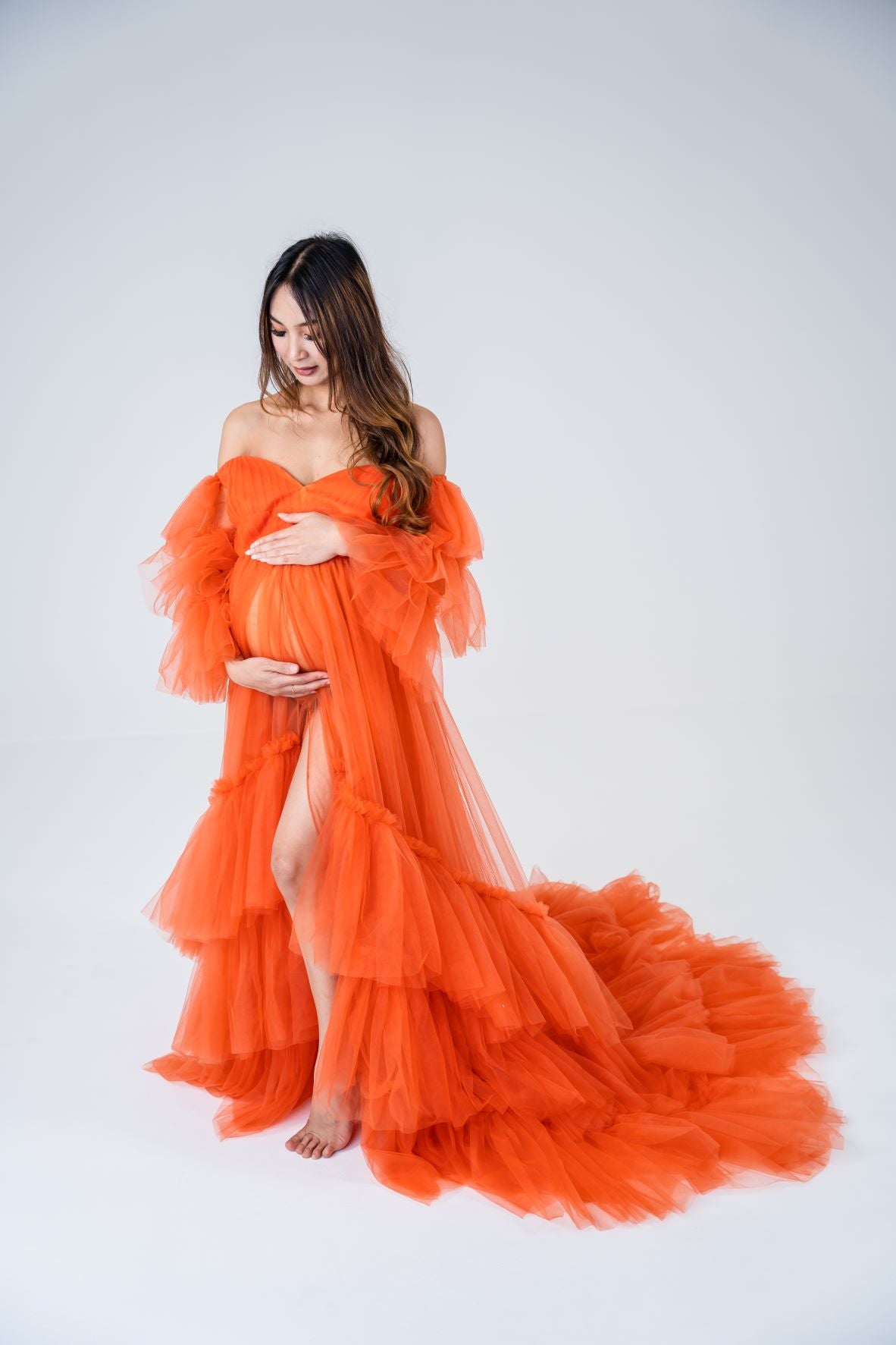 orange maternity photoshoot dress Custom A-line Tulle Deep V-neck Ruffle Maternity Photoshoot Dress, Brick Red / 3XL