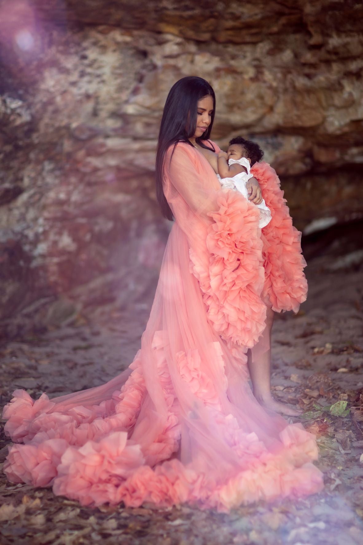 Plus Size Maternity Photoshoot Dresses - peach tulle robe