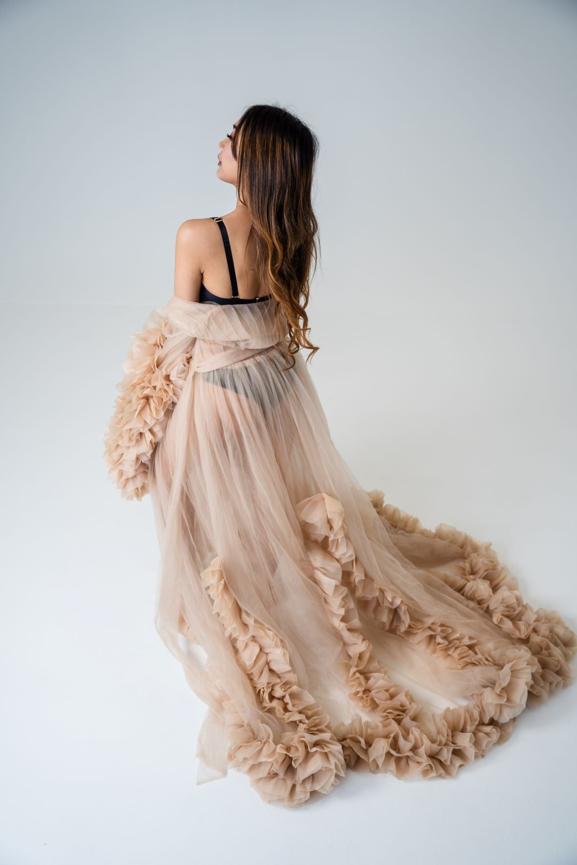 Dress Hire - Maternity Photoshoot Dresses - Lola - Beige Tulle Robe - 4 DAY RENTAL - Luxe Bumps AU